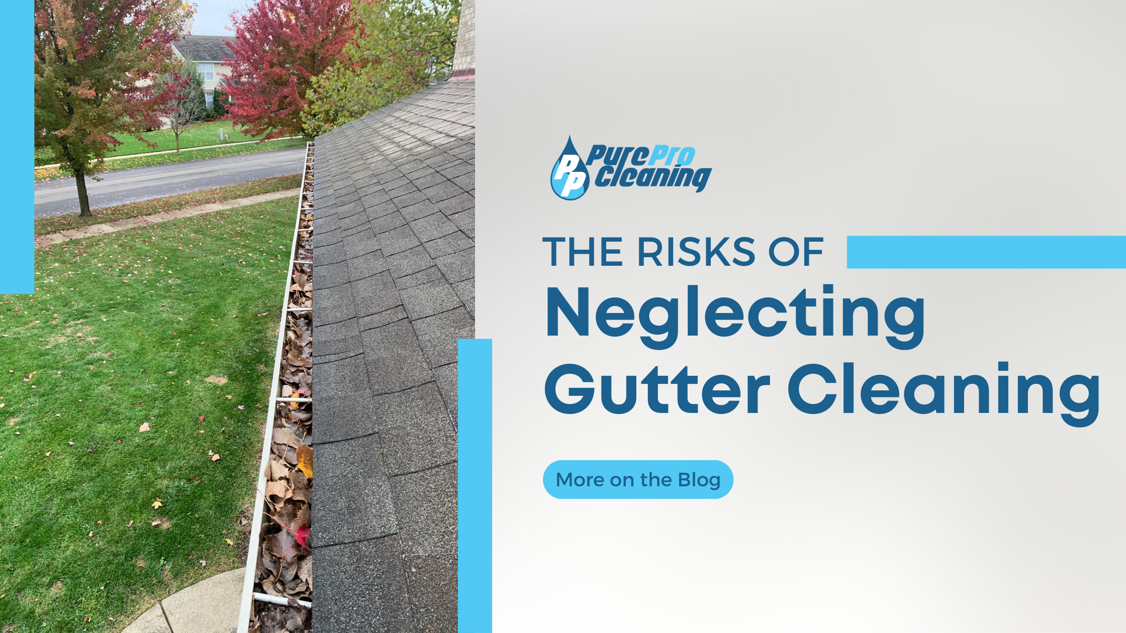 picture of a clogged gutter with the words "the risks of neglecting gutter cleaning"