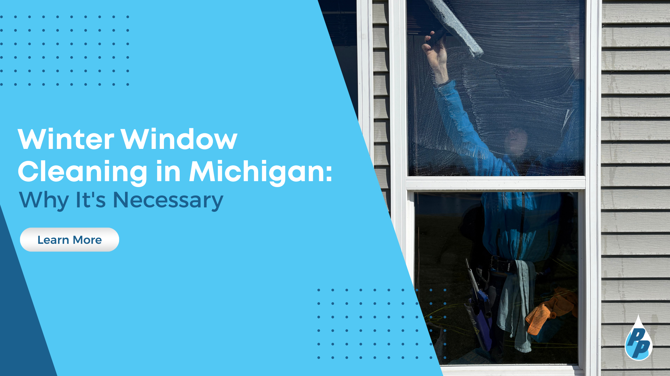 A person cleans a window with a squeegee from outside a house, showcasing the importance of winter window cleaning in Michigan.