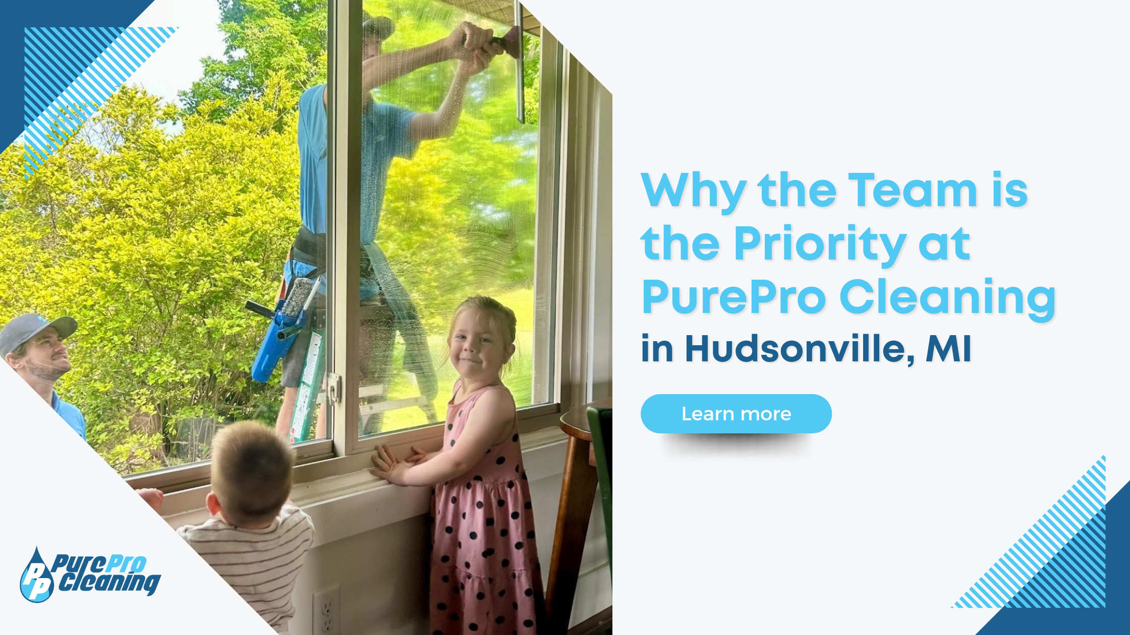 A friendly PurePro Cleaning team member works outside as two young children watch from inside their Hudsonville, MI home, showcasing spotless window results. A friendly PurePro Cleaning team member works outside as two young children watch from inside their Hudsonville, MI home, showcasing spotless window results.